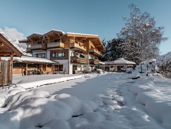 Schneebedecktes Chalet mit Garten und Bäumen an einem sonnigen Wintertag