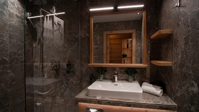 Modernes Badezimmer mit Steinfliesen, Dusche und Waschbecken